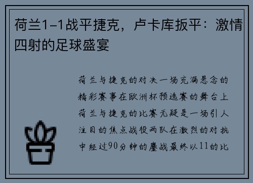 荷兰1-1战平捷克，卢卡库扳平：激情四射的足球盛宴