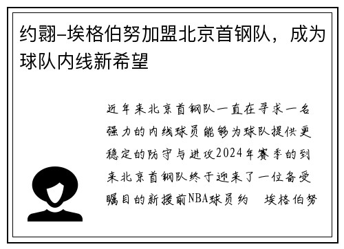 约翾-埃格伯努加盟北京首钢队，成为球队内线新希望