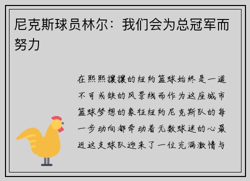 尼克斯球员林尔：我们会为总冠军而努力