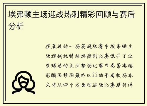 埃弗顿主场迎战热刺精彩回顾与赛后分析